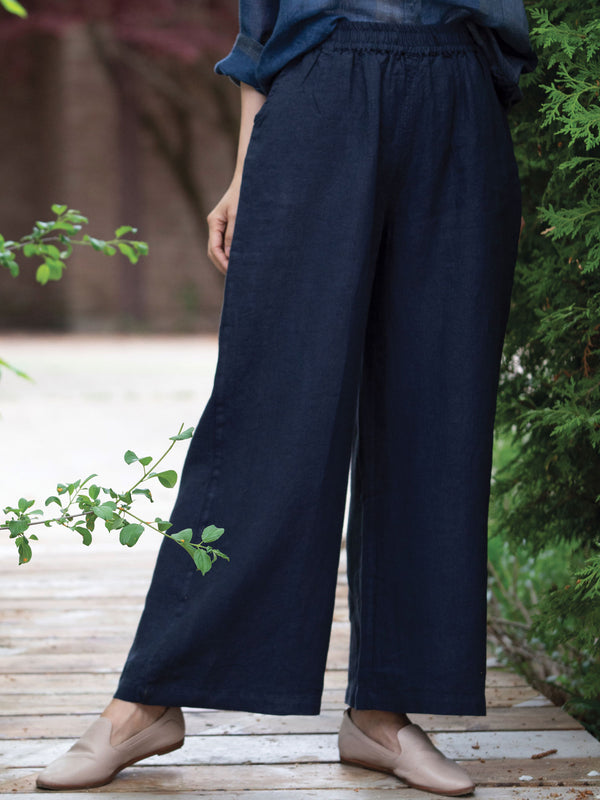 Wide-Leg Organic Linen Pants - Navy Blue - Magnifissance Store